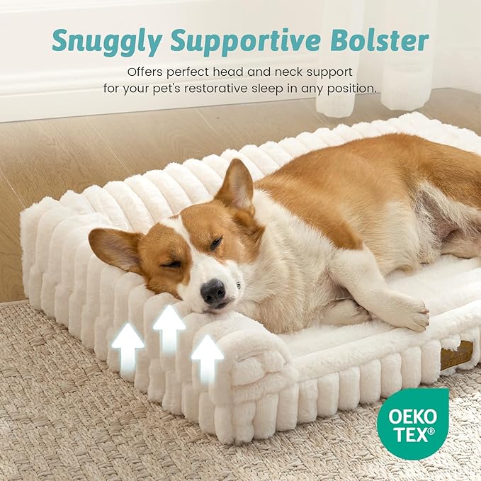 COZY KISS Small Dog Bed, Faux Rabbit Fur Orthopedic Foam Dog Bed with Sides, Removable Washable Cover & Waterproof Lining, Comfortable Pet Couch, Cream (30" L x 20" W x 6" Th)