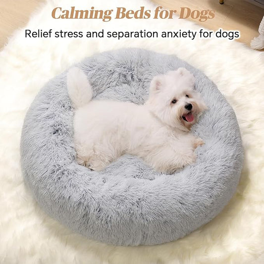 Calming Small Dog Bed, Donut Fluffy Anti-Anxiety Round Washable Cute Bed, Plush Cozy Cuddler Warming Soft Comfort Pet Bed for Small Medium Dogs Cats, 28inch,Light Grey