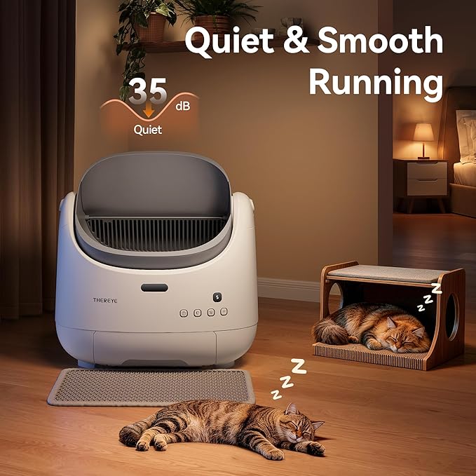 Thereye Self Cleaning Cat Litter Box, Open Top Automatic Litter Box for Multiple Cats, APP Control Smart Litter Box, Safety Sensors and Odor Control, Adjustable Entry Height Anti-Splash