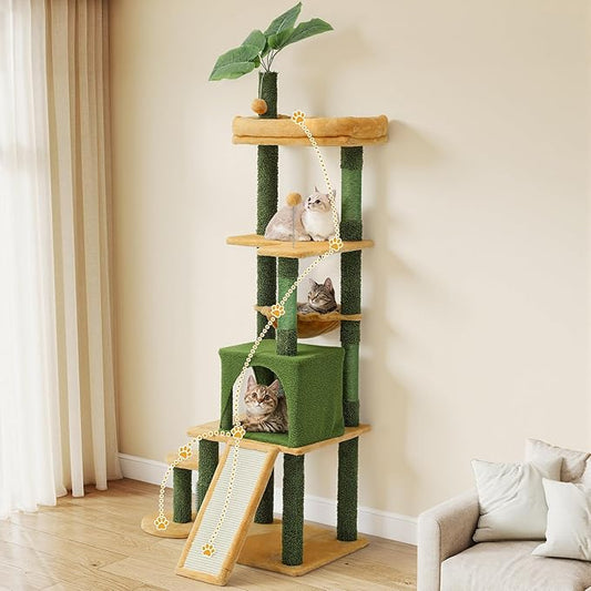 DWVO Cat Tree with Leaves for Large Cats: 72.8" Tall with Self-Grooming Brush, Cute Kitten Climbing Tower for Indoor Kittens with Cat Condo, Top Perch, Basktet, Sisal Scratching Posts, Dangling Ball