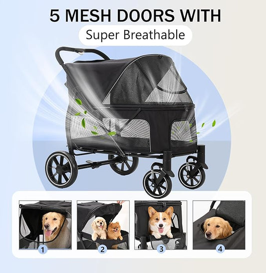 Large Dogs Stroller for Multiple Pets up to 100lbs, Ultra-Breathable Pet Stroller for Medium 2 Dogs,All-Terrain with& Mesh Dual-Window,1680D Waterproof Oxford Fiber (Black)