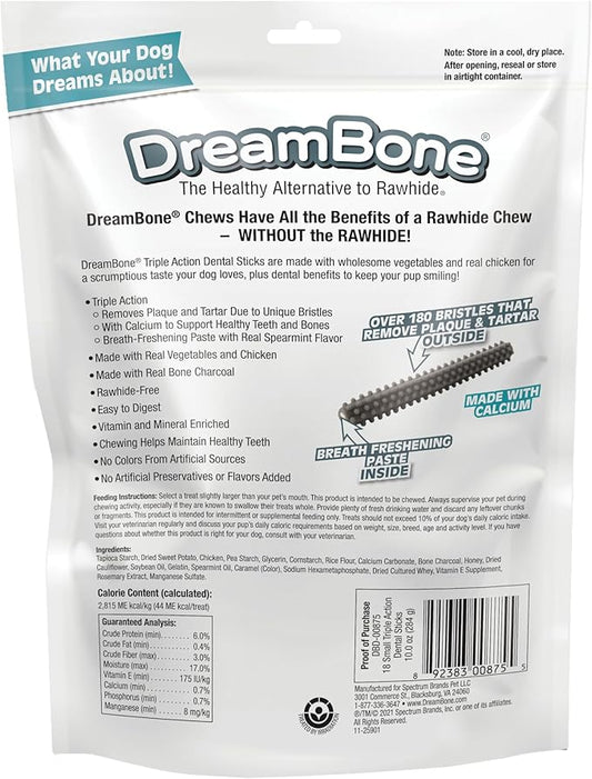 DreamBone Triple Action Dental Sticks Charcoal, 18 Count, Rawhide-Free Chews for Small and Medium Sized Dogs Freshens Breath