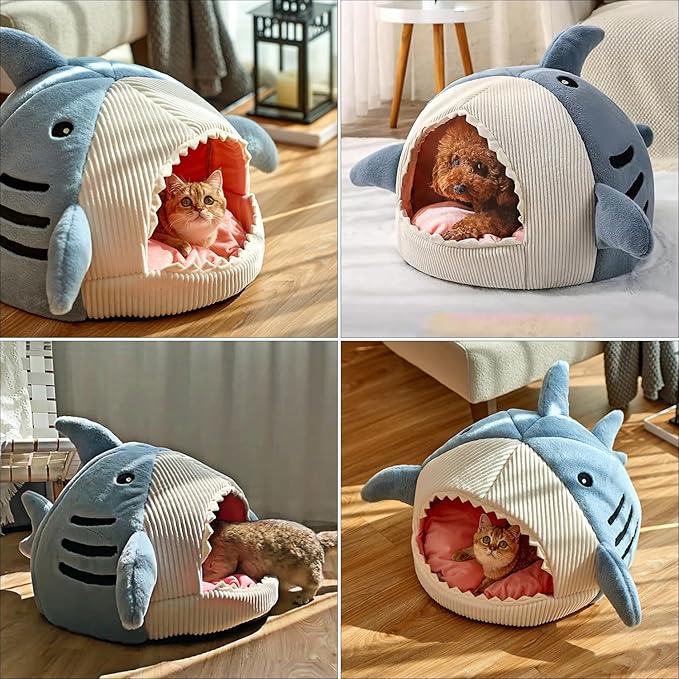 Tipmant Indoor Pet House Bed Cottage Mat for Cat Small Dog Puppy Teddy Cute Shark Shape Warm Soft (Small, Pet Weight < 6.6 lb)