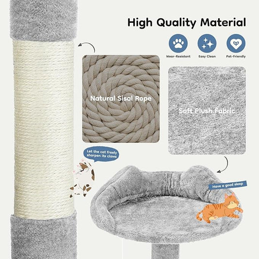 Multi-Level 54 Inches Cat Tree Tower, Indoor Climbing Tree Cat House with Scratching Posts, Condos, Dangling Ball and Round Extended Platform for Cats to Play and Sleep