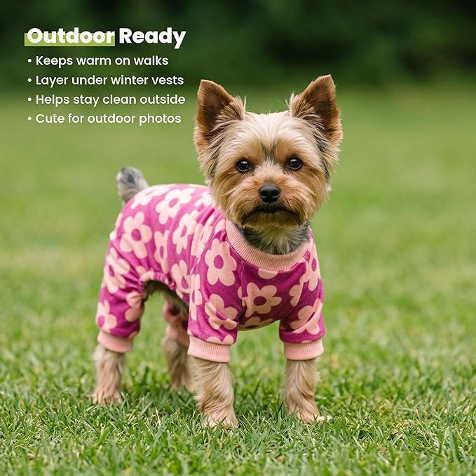 Fitwarm Flower Fleece Dog Pajamas, Warm Winter Dog Clothes for Small Dogs Girl, Cozy Pet Onesie with Feet, Pink, Large
