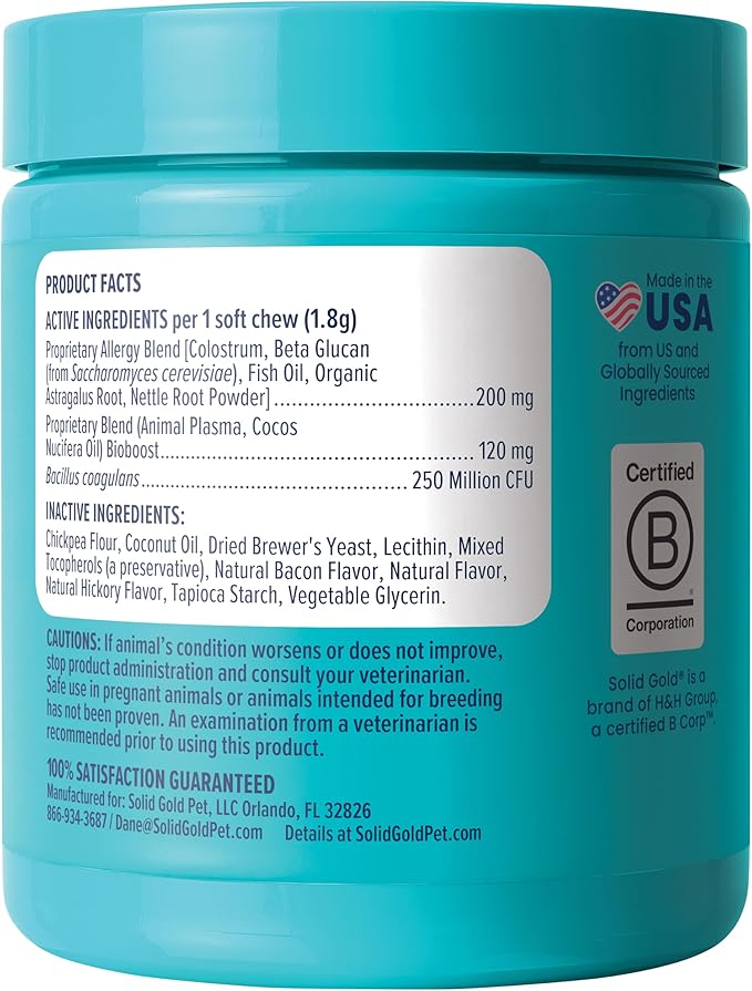 Solid Gold Dog Allergy Relief Chews - Dog Itching Skin Relief & Seasonal Allergies Support - Alaskan Salmon Oil for Dogs Skin, Coat & Immune Support - Bacon Flavor Soft Allergy Chews for Dogs - 60ct