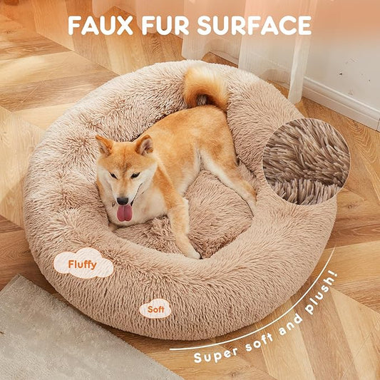 Sweetcrispy Donut Dog Bed, XL Large Round Calming Cat Bed with Washable Waterproof Cushion, Anti-Anxiety & Anti-Slip Fluffy Cuddle Cozy Faux Fur Plush for Pet Puppy Indoor Sleeping(37.4"x3.47",Brown)