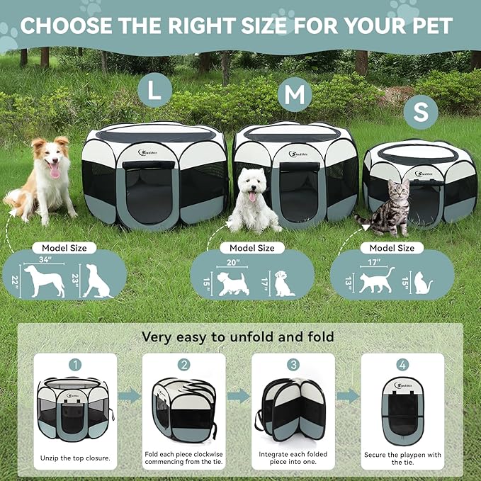 Siedihit Large Dog Cat Playpen, Puppy Pet Playpen Indoor for Dog Crate Tent Cage Outdoor, Portable Pop Up Dogs Enclosure Kennel with Carrying Case for Dogs/Cats/Rabbits, Grey