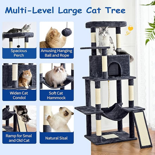 Cat Craft Cat Tree 63 Inch Cat Tower for Indoor Cats, Multi-Level Cat Tree for Large Cats 20 lbs+ Heavy Duty Cat Tower with Sisal Scratching Posts, Hammock, Condo and Extended Platform, Dark Grey