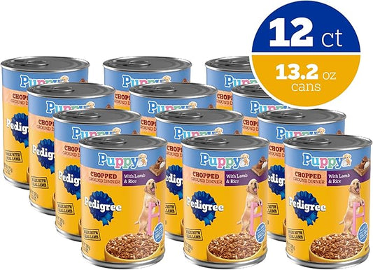 Pedigree Puppy Chopped Ground Dinner Wet Puppy Food with Lamb & Rice, Canned Dog Food, 13.2 oz. Cans, 12 Count