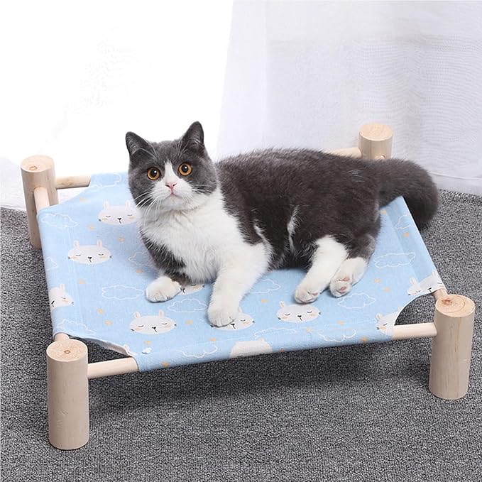Pozico Cat & Dog Hammock Bed โ Wooden Elevated Pet Cot with Breathable Mesh โ Raised Cat Bed for Small Pets, Portable Puppy Bed Indoor & Outdoor Use โ Blue Rabbit Design
