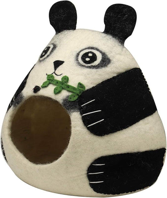 KHUSI Handcrafted Durable Felted Wool Cat Cave Bed - Natural Wool Material Construction Comfortable Stylish Cave Bed for Cat & Kittens - Perfect for Indoor Outdoor Usage - Panda