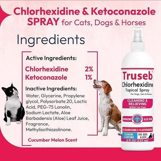 Pet Health Pharma Truseb Topical Ketoconazole and Chlorhexidine Spray for Dogs, Cats, and Horses with Essential Fatty Acids, Aloe and Vitamin E- 16 oz (Ketoconazole & Chlorhexidine Spray, 16 oz)