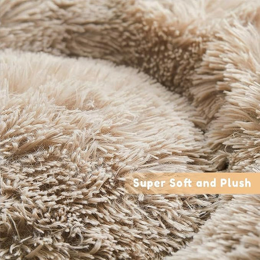 Cat Beds for Indoor Cats - Cat Bed Washable 20 inches, Dog Beds for Small Medium Dogs, Anti Anxiety Round Fluffy Plush Faux Fur Pet Bed, Thick Bottom (Light Brown, Medium)