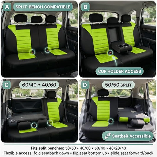 FH Group Automotive Car Seat Covers Rear Set Premium 3D Air Mesh Seat Covers, Airbag Compatible and Split Bench Cover Universal Fit Interior Accessories for Cars Trucks and SUVs - Green