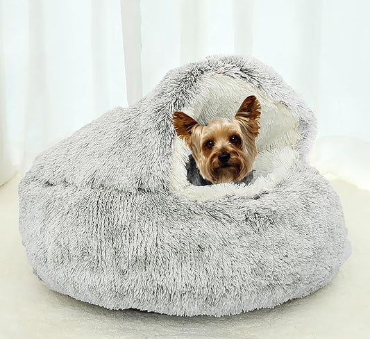 Dog Cave Bed for Small Dogs Cats Pets, Anti Anxiety Calming Plush Dog Beds, Fluffy Covered Hooded Cozy Burrow Puppy Beds, Anti-Slip Bottom Washable Pet Sleeping Bag (20" D, Coffee)