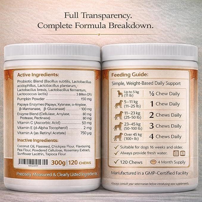 wikiRay Probiotics for Dogs โ Soft Chews for Digestive Health & Immunity | 120 Chews | 3 Billion CFU, Pumpkin, Enzymes, Vitamins & Prebiotics | Made with Natural Ingredients