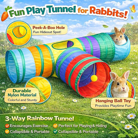 Mechpia Rabbit Toys, Bunny Tunnels and Tubes with Chew Toys for Grinding Teeth Apple Sticks Bamboo Carrot Loofah and Grass Ball for Rabbit Guinea Pig Chinchilla Ferret Rat