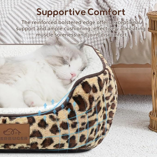 Zerbuger Rectangle Cat Dog Bed for Large Medium Small Pets Indoor Outdoor Machine Washable Sleeping Sofa Non-Slip Bottom Soft Puppy Bed Durable Orthopedic Calming Pet Cuddler (Small, Leopard)