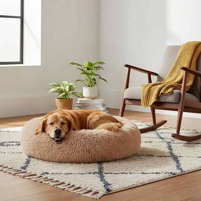 Soft Round Dog & Cat Bed, Anti-Anxiety Donut Cuddler with Anti-Slip Bottom Cozy Fluffy Pet Bed for Medium Large Dogs and Cats, 37inch, Brown