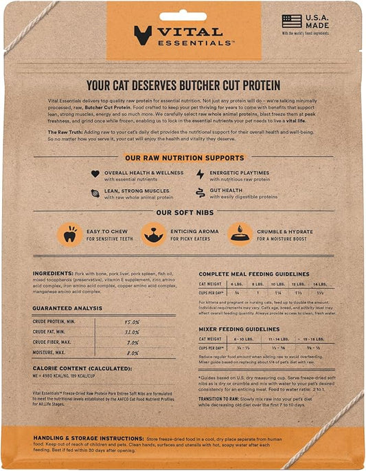 Vital Essentials Freeze Dried Cat Food, Raw Pork Soft Nibs | Complete Meal or Topper | 99% Pork, Organs & Bone | Limited Ingredient, High Protein, Grain Free Dry Cat Food | 12 oz Bag