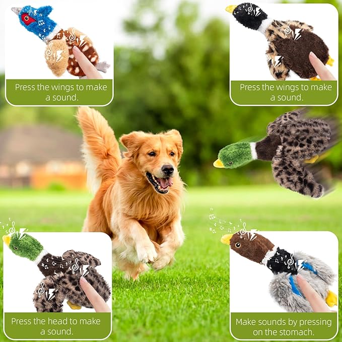 Extra-Plush Duck Dog Toy with 2 Squeakers & Crinkle โ No Stuffing Gentle Chewer Squeaker for Calming Play, Soft Toy for Puppies to Senior Dogs (Long Pile, Brown & Grey)