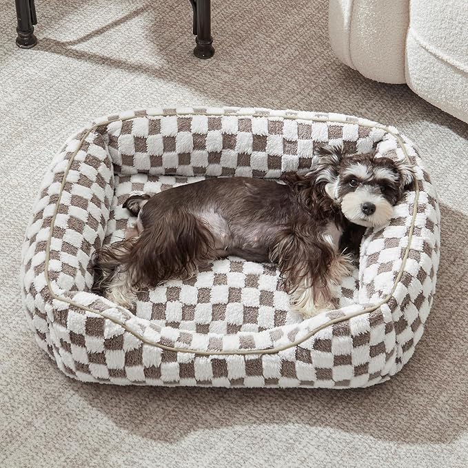JOEJOY Dog Beds for Small Dogs -Cute Cat Beds for Indoor Cats Calming Pet Beds, Rectangle Orthopedic Cuddle Puppy Bed with Jacquard Shaggy Plush & Anti Slip Bottom, 20x19x6inches, Cofffee