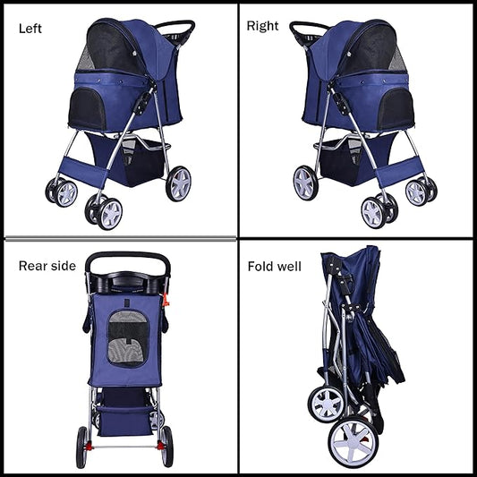 Elevon Pet Stroller, 4 Wheels Multifunction Dog Cat Stroller, Folding Portable Travel Stroller with Detachable Carrier, Suitable for Medium Small Dogs Cats, Blue