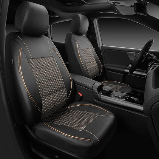 CAR PASS Piping PU Leather Car Seat Cover Full Set,Inside Zipper Design and Reserved Opening Holes,Airbag Compatible,Universal FIT for Car, SUVs,Van,Small Trucks(Full Set, Black & Gold)