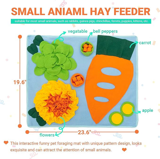 Rabbit Hay Feeder - Interactive Polar Fleece Pet Foraging Mat Toy Indoor for Guinea Pig Bunny Chinchillas Hamster Ferrets Small Animals - Anti Slip Feeding Mat Treat Dispenser Machine Washable