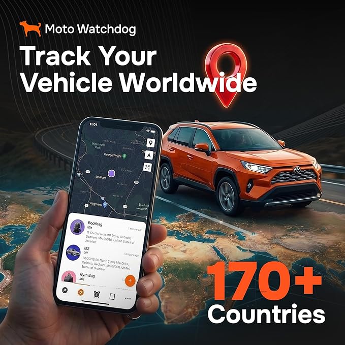 GPS Tracker for Vehicles, No Subscription with Real-Time Location, Mileage Tracking, Speeding Monitoring, Route History, Geofence, OBD, for Fleets & Families, USA, Moto Watchdog