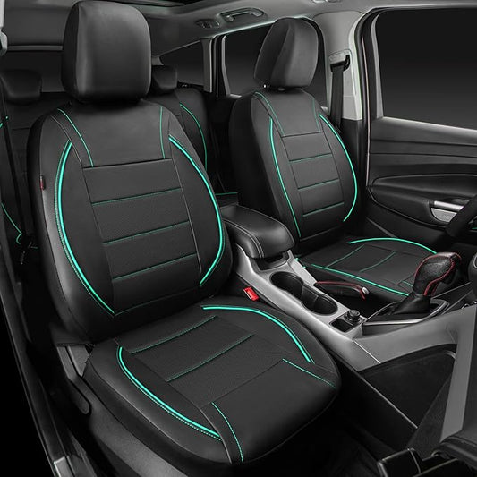 CAR PASS Universal FIT Piping Leather Car Seat Cover, for suvs,Van,Trucks,Airbag Compatible,Inside Zipper Design and Reserved Opening Holes (Full Set, Black and Mint)