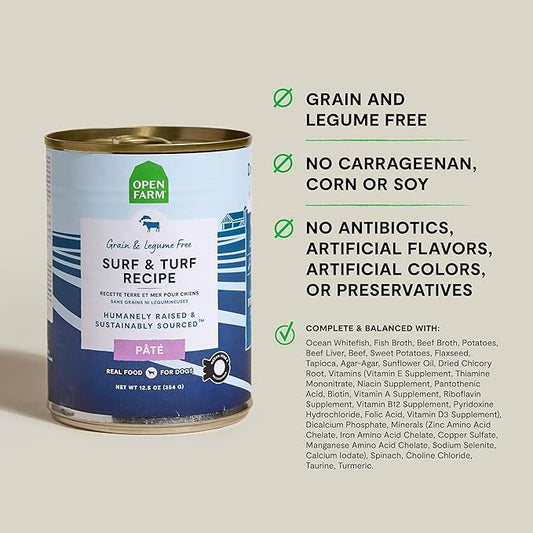 Open Farm Canned Dog Food, Pate for Complete & Balanced Nutrition, Grain Free and Legume-Free, Surf & Turf Recipe, 12.5oz Cans (Pack of 12)