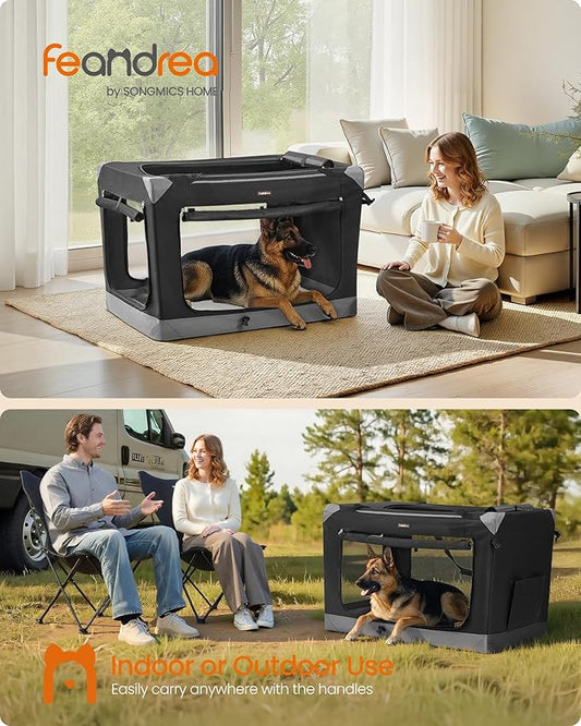 Feandrea Collapsible Dog Crate, Portable Oxford Fabric Pet Travel Crate with 4 Mesh Doors, Handles, Pocket, 42 Inches, for Large Dogs, Ink Black and Dove Gray UPDC031BH01