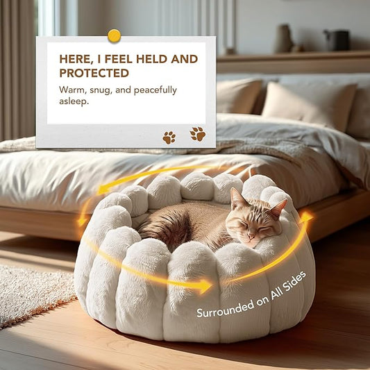 PETNOVO Pumpkin Calming Cat Bed,Plush Donut Cuddler with High Bolster,Ultra Soft Bunny Plush,Oeko‑TEX,Non-Slip Pet Nest,for Indoor Cats up to 13 lbs & Small Dogs,20Lx20Wx12H Inch, Cream
