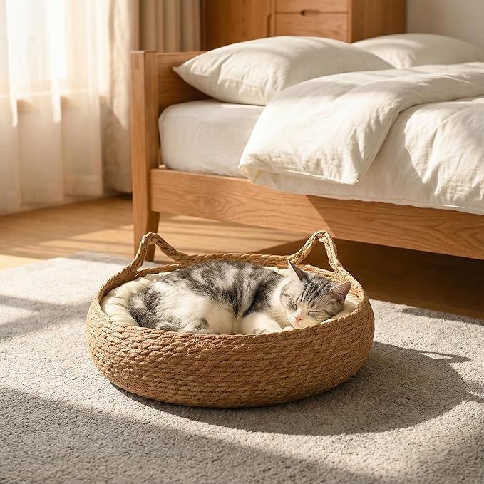 17" Woven Cat Basket Bed for Cats, Pet House with Cooling Mat & Soft Cushion for All Seasons - Washable, Handmade Braided Cattail Leaf, Boho Style, Cream White
