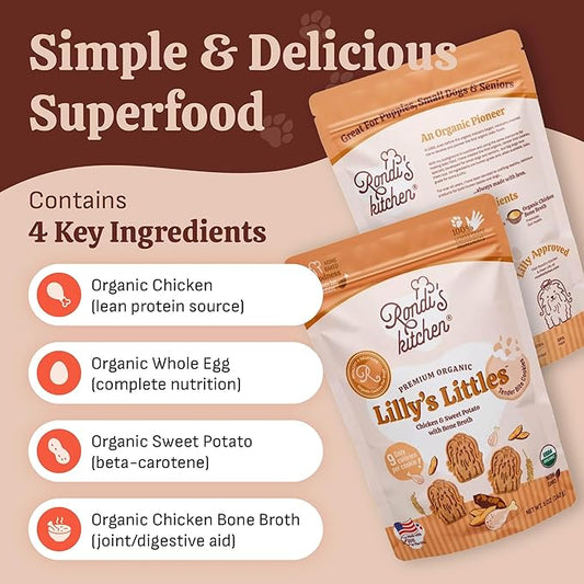 Rondi's Kitchen Lilly's Littles Organic Tender Dog Treats - Natural Doggie Cookie for Small Dogs, Puppy, Senior, Training - Human Grade Superfood Biscuit with Bone Broth - Chicken & Sweet Potato
