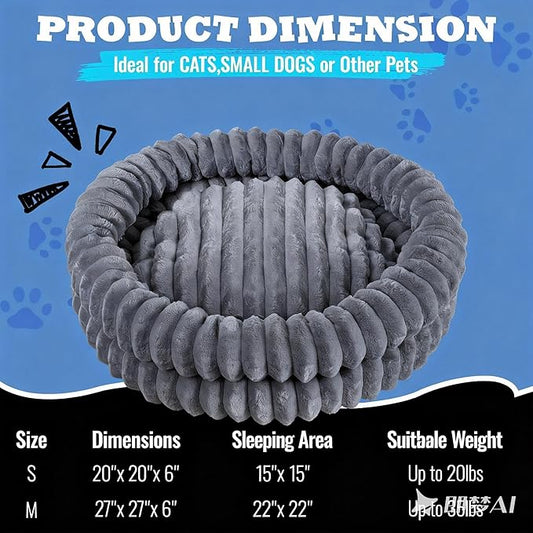 Washable Cat Bed Donut Dog Beds for Small Dogs with Corduroy Fleece Super Soft Pet Bed for Puppy and Kitten,20 * 20 * 6",Grey