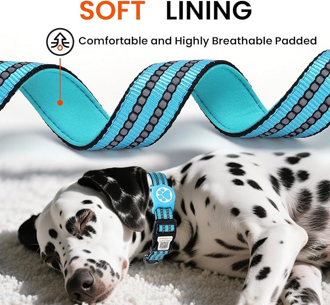 AirTag Dog Collar for Large Dogs, IP68 Waterproof Air Tag Dog Collar with Apple AirTag Holder, Reflective, QR Code Personalized Dog Tags(Blue, Large)