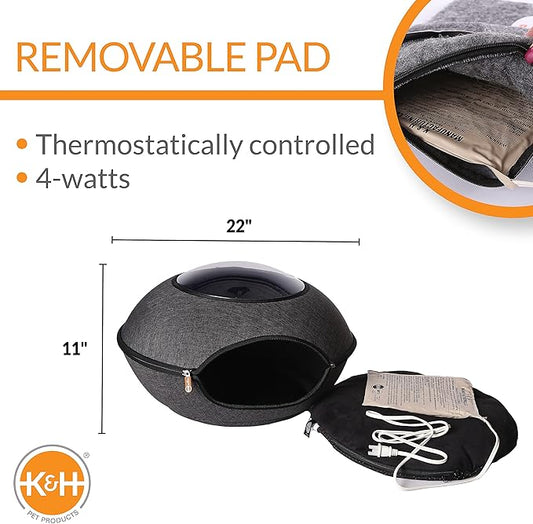 K&H Pet Products Thermo Lookout Pod Heated Cat Bed for Indoor Cats or Small Dogs, Covered Warming Bed Cave for Large Kitties, Washable Cushion, Collapsible, Safety Listed - Round 22in Classy Gray 4W
