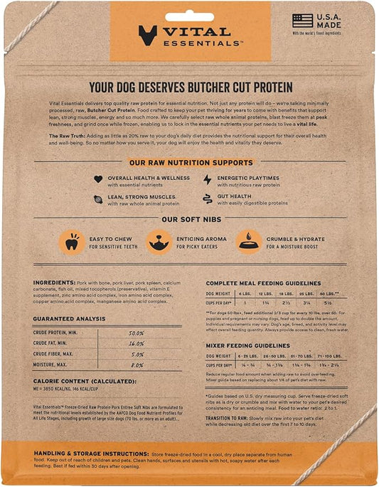 Vital Essentials Freeze Dried Dog Food, Raw Pork Soft Nibs | Complete Meal or Topper | 99% Pork, Organs & Bone | Limited Ingredient, High Protein, Grain Free Dry Dog Food | 14 oz Bag