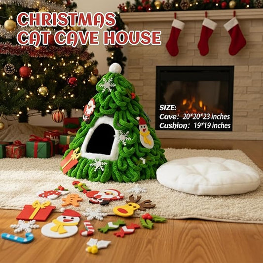 PETKARAY Cat Cave Bed for Indoor Cats, Pre-Assembled Cozy Felt Cat House with Plush Cushion, Christmas Tree–Inspired Design
