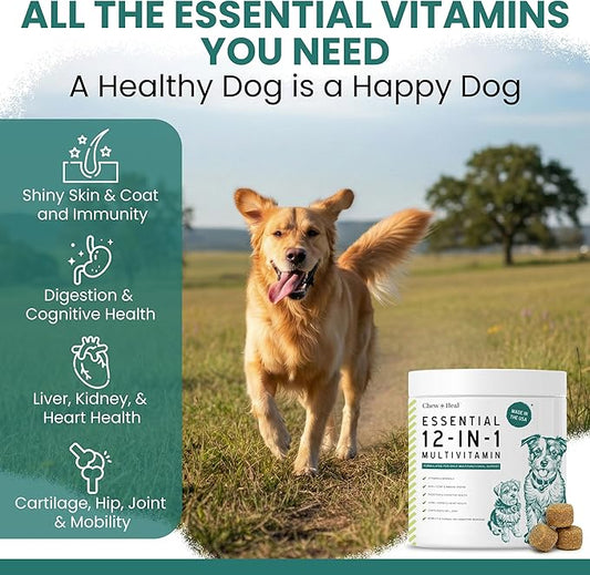 Dog Multivitamin Chewable - Chew + Heal 12-in-1, 60 Ct, Puppy & Senior Dog Vitamins & Supplements for Hip & Joint, Skin & Coat, Immune Support with Glucosamine, Omega 3,6,9, Probiotics, Chicken Flavor