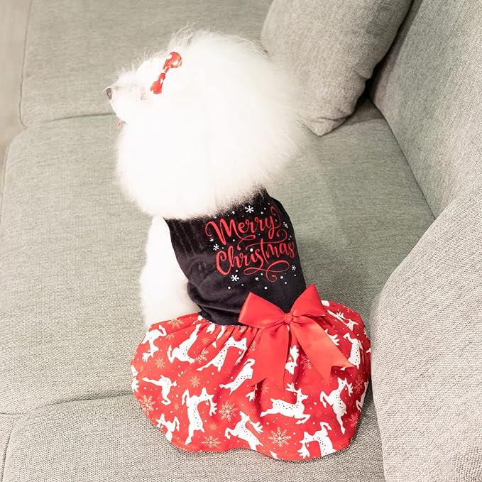 CuteBone Merry Christmas Dog Dress Velvet for Small Dogs Girl Reindeer Puppy Dresses Red Dog Clothes CVA04XS-D