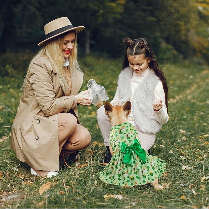 St. Patrick's Day Dog Costume Dress S, Green Shamrock and Horseshoe Print with Satin Bow, Pet Outfit for 6-7 lbs Dogs and Cats, Festive Holiday Apparel