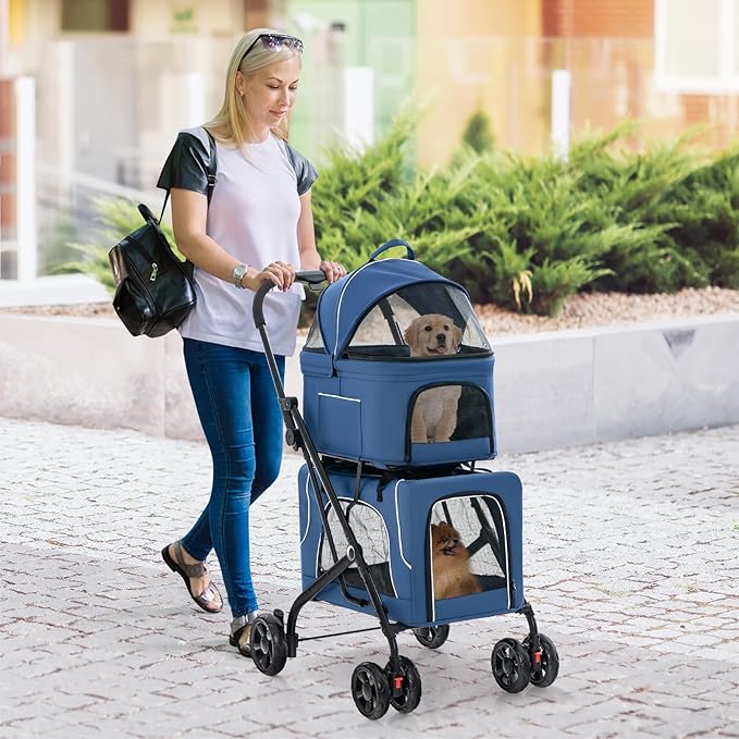 Pet Stroller with Detachable Carriers, Adjustable Cat Stroller for Small & Medium Pets, 4-in-1 Cat Carriers with Safety Belt and Lockable Wheels, Navy Blue
