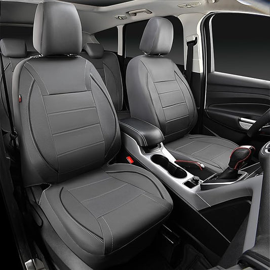 CAR PASS Piping Faux Leather Car Seat Cover Full Set,Grey Breathable Leather Seat Covers for Cars, Airbag Compatible,Universal Fit for SUVs,Van,Sedans,Small Trucks (Full Set, All Gray)