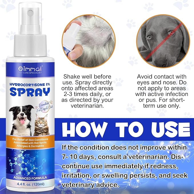 Specifically Formulated Hydrocortisone Spray for Dogs, Cats 120ML, Itch Relief Spray,Hot Spot Treatment for Dogs,Rapidly Alleviate Dry Itchy Skin,Skin Allergies,Dermatitis,Reduces Topical Inflammation