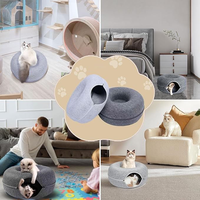 Tunnel Bed for Indoor,cattasaurus Peekaboo cat cave for Multiple,Detachable Felt Felt Washable Interior for Indoor Cats,Donut Tunnel -24inch (Light Gray + Dark Gray)