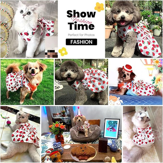 ABRRLO Cute Dog Dress Small Dog Clothes For Girls Female Puppy Outfit Red Strawberry Pet Summer Clothes Bowknot Doggy Cat Princess Dresses Harness for Holiday Birthday Party Costume Clothing (Red,XXL)